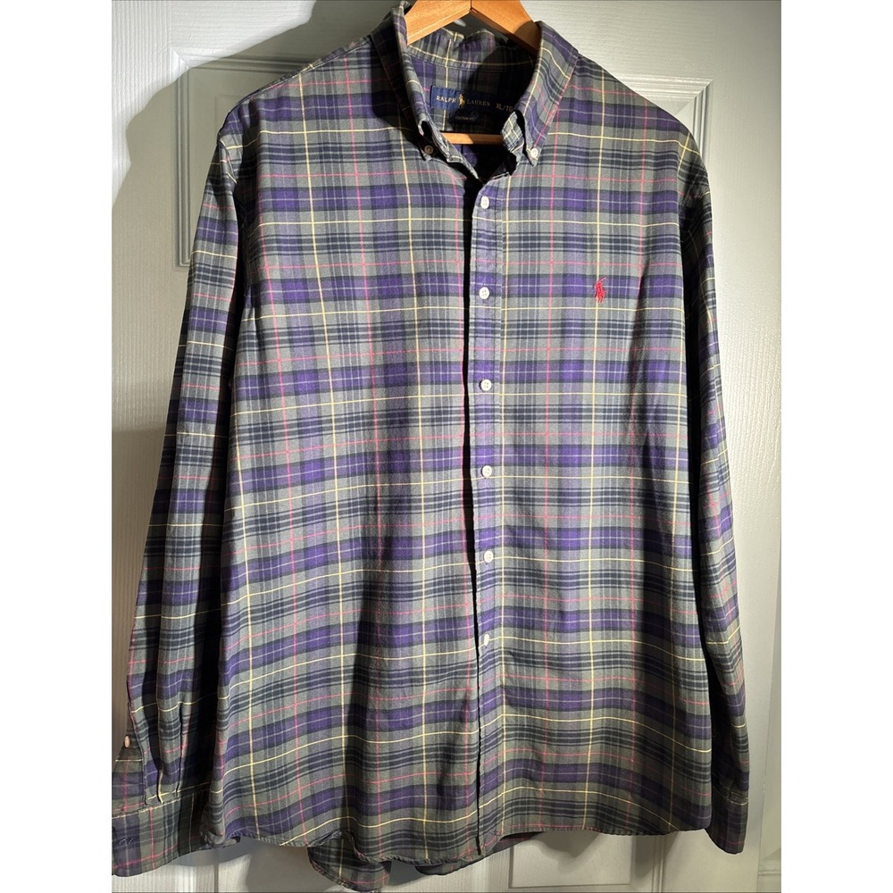 Ralph Lauren custom fit purple and green‎ plaid button down shirt Sz XL